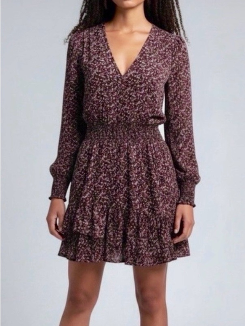 Michael Kors Burgundy Floral V-Neck Long-Sleeve Smocked Waist Tiered Mini Dress